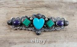 Frank Brihilda Coriz Turquoise Heart Sugilite Sterling Brooch Pin S. D. P