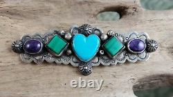 Frank Brihilda Coriz Turquoise Heart Sugilite Sterling Brooch Pin S. D. P