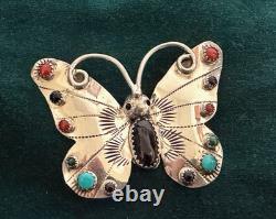 Frank Yazzie FY Navajo Sterling Silver Turquoise Coral Onyx Butterfly Brooch Pin