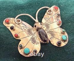 Frank Yazzie FY Navajo Sterling Silver Turquoise Coral Onyx Butterfly Brooch Pin