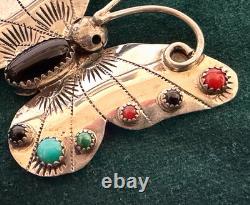 Frank Yazzie FY Navajo Sterling Silver Turquoise Coral Onyx Butterfly Brooch Pin