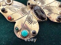 Frank Yazzie FY Navajo Sterling Silver Turquoise Coral Onyx Butterfly Brooch Pin