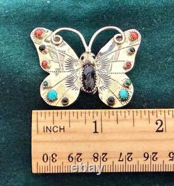 Frank Yazzie FY Navajo Sterling Silver Turquoise Coral Onyx Butterfly Brooch Pin