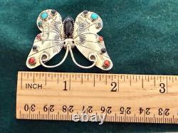 Frank Yazzie FY Navajo Sterling Silver Turquoise Coral Onyx Butterfly Brooch Pin