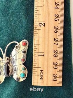 Frank Yazzie FY Navajo Sterling Silver Turquoise Coral Onyx Butterfly Brooch Pin