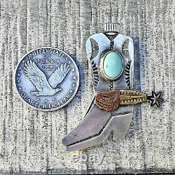 Fred Harvey Cowboy Boot Pin UITA Hallmark Navajo Turquoise Silver RARE Old Pawn