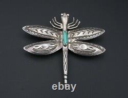 Fred Harvey Era Dragonfly Turquoise Sterling Silver Brooch 2.5 Stamped OS538