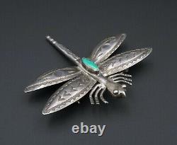 Fred Harvey Era Dragonfly Turquoise Sterling Silver Brooch 2.5 Stamped OS538