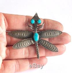 Fred Harvey Era Large Navajo Sterling Silver Turquoise Dragonfly Pin Brooch