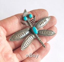 Fred Harvey Era Large Navajo Sterling Silver Turquoise Dragonfly Pin Brooch