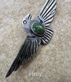 Fred Harvey Era Native Navajo Turquoise Sterling Thunderbird Pin Hand Stamped