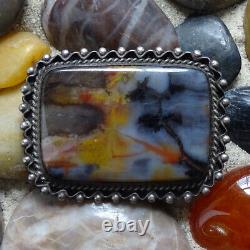 Fred Harvey Era Old Navajo Petrified Wood Sterling Pin Brooch Large Rectangle