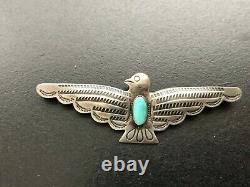 Fred Harvey Era Sterling & Turquoise Thunderbird Pin Brooch Stamped