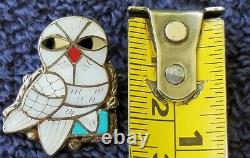 GENUINE ZUNI ANN SHEYKA SIGNED MOTHER of PEARL TURQUOISE WISE OWL BROOCH PIN