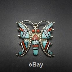 GORGEOUS Vintage ZUNI Sterling Silver CORAL & Turquoise BUTTERFLY PIN/BROOCH