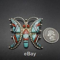 GORGEOUS Vintage ZUNI Sterling Silver CORAL & Turquoise BUTTERFLY PIN/BROOCH