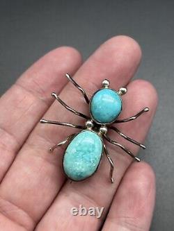 Gorgeous Native American Paiute White Water Turquoise & Sterling Spider Pin