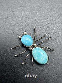 Gorgeous Native American Paiute White Water Turquoise & Sterling Spider Pin