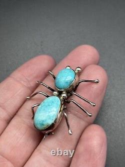 Gorgeous Native American Paiute White Water Turquoise & Sterling Spider Pin