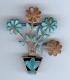 Great Vintage Zuni Indian Silver Inlaid Turquoise Coral Onyx Flower Pot Brooch
