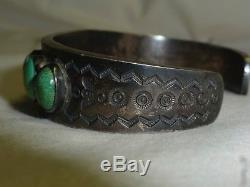 Green Turquoise Cuff Bracelet Pin Point Sterling Navajo 1940s Native Unsigned