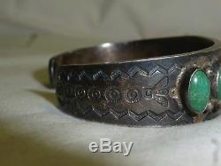 Green Turquoise Cuff Bracelet Pin Point Sterling Navajo 1940s Native Unsigned
