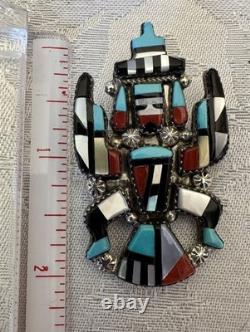 HE Cellicion Zuni Native Handmade Inlay Turquoise Coral Onyx Kachina Pin Pendant