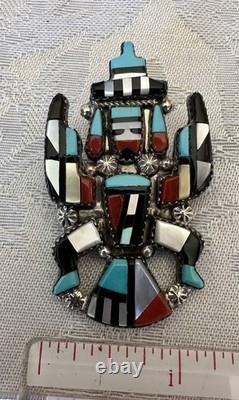 HE Cellicion Zuni Native Handmade Inlay Turquoise Coral Onyx Kachina Pin Pendant