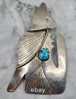 HIJE Navajo Sterling Silver Turquoise Howling Wolf Large Pin Brooch