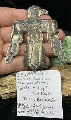 HUGE, 1920s Indian Handcrafts Coin Silver Thunderbird Pin, 23.3g