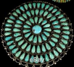 HUGE! Old Pawn Navajo PETIT POINT CLUSTER TURQUOISE Sterling Silver Pin BROOCH