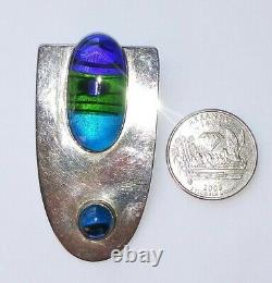 HUGE Old Pawn Navajo SIGNED Sterling Silver Blue INLAID Turquoise PIN / Pendant