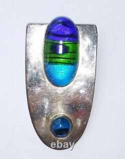 HUGE Old Pawn Navajo SIGNED Sterling Silver Blue INLAID Turquoise PIN / Pendant