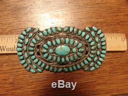 HUGE VINTAGE TURQUOISE SILVER NAVAJO ZUNI INDIAN PIN 4 x 2 signed BECENTI