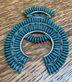 HUGE VINTAGE ZUNI PIN/BROOCH NEEDLEPOINT TURQUOISE EXCELLENT WORK UNSIGNED 31g