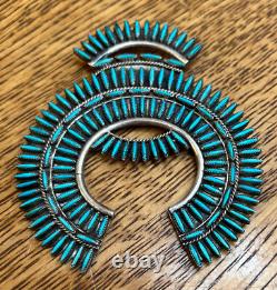 HUGE VINTAGE ZUNI PIN/BROOCH NEEDLEPOINT TURQUOISE EXCELLENT WORK UNSIGNED 31g