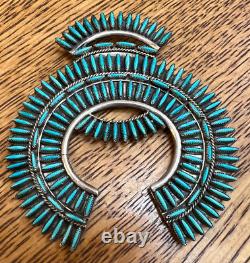 HUGE VINTAGE ZUNI PIN/BROOCH NEEDLEPOINT TURQUOISE EXCELLENT WORK UNSIGNED 31g
