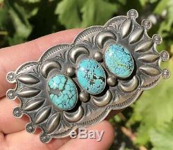 HUGE Vintage Begay Spiderweb #8 Turquoise Stamped Sterling Silver Pin Brooch 3
