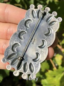HUGE Vintage Begay Spiderweb #8 Turquoise Stamped Sterling Silver Pin Brooch 3