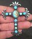 Huge Vintage Navajo Sand Cast Sterling Silver & Turquoise Cross Pendant / Pin