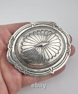 HUGE Vtg Suzie James Navajo Sterling Silver Stamped Concho Brooch Pin 3 3/8