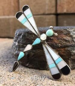 HUGE Zuni DRAGONFLY Multi-Stone Turquoise & Mother Of Pearl & Jet Pin Pendant
