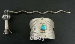 Hair Barrette Pin Sterling Vintage Native Silver Turquoise Squash Blossom Dangle