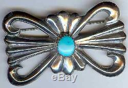 Hallmarked Vintage Navajo Indian Heavy Silver & Turquoise Pin Brooch