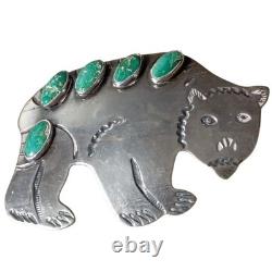Hand-forged 1970s Navajo sterling silver bear Cerrillos Turquoise Pin Brooch