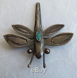 Handmade Old Pawn Navajo Sterling Silver & Turquoise Stone DRAGONFLY Brooch Pin