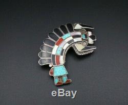 Handmade Zuni Inlay Rainbow Dancer Sterling Silver Pendant Brooch Pin OS476