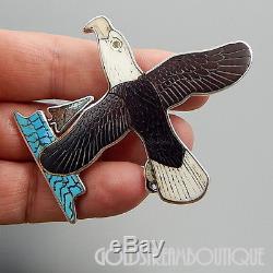 Harlan & Monica Coonsis Zuni 925 Silver Carved Gemstones Bald Eagle Pendant Pin