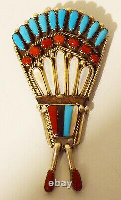 Harrison Yazzie Navajo Old Pawn Sterling Statement Pin Brooch Turquoise Coral