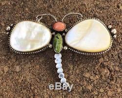 Harry H Begay Dragonfly Sterling Silver MOP Turquoise Coral Pin Brooch Pendant